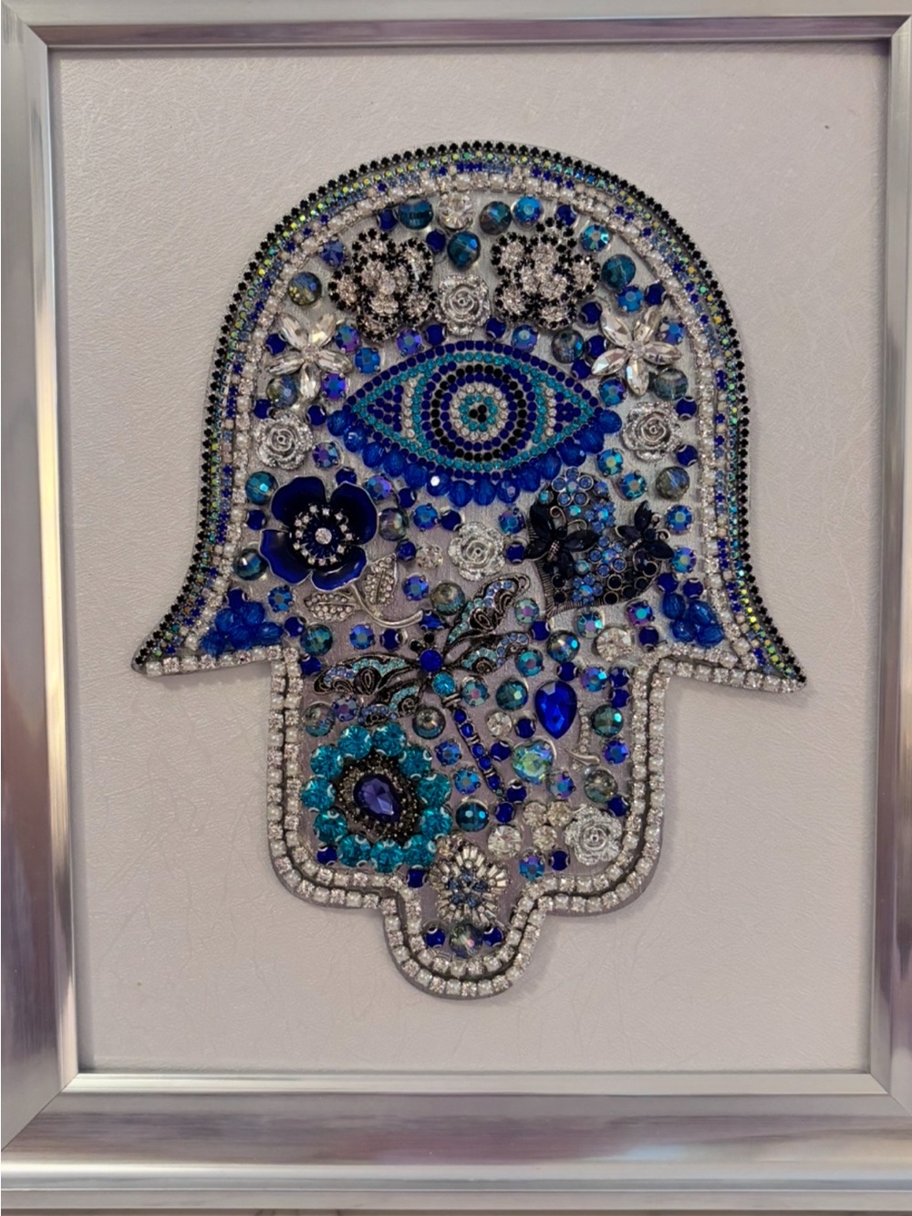 8x10 OOAK 3D Vintage Jewelry Hamsa Hand Art | Evil Eye Wall Decor | Framed